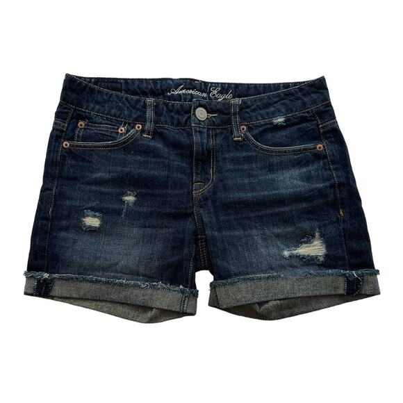 American Eagle Distressed Dark Wash Stretch Jean Shorts Women's Size 0 - Picture 1 of 5